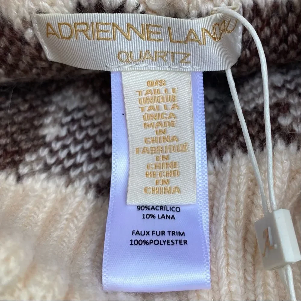 NWT New Adrienne Landau Beige/Black Animal Print Faux Fur Pom-Pom Hat/Beanie OS